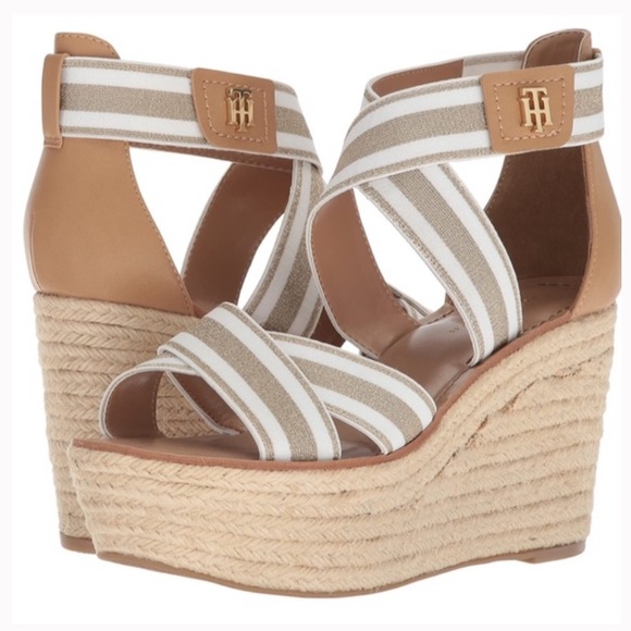 Tommy Hilfiger Theia Gold/White Chunky Straw Espadrille Wedge Sandals NWT Size10 - Picture 1 of 14